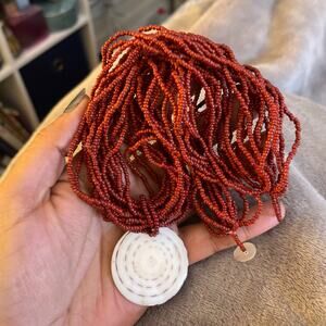 Vintage Multi Strand Seed Bead Rust Red Stone Pendant Necklace B#8